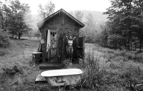 Black&white, girl, forest, monochrome, country, nude, cabin, summer shower