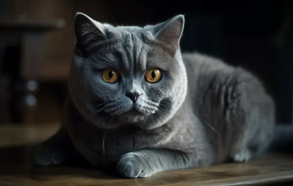 Кошка, кот, взгляд, темный фон, серый, комната, портрет, арт