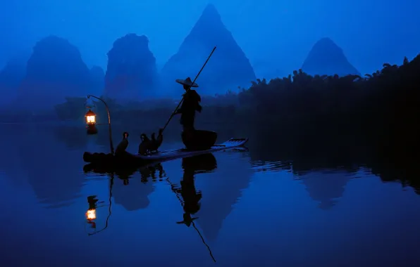 Картинка лес, вода, свет, отражение, река, лодка, китай, рыбак
