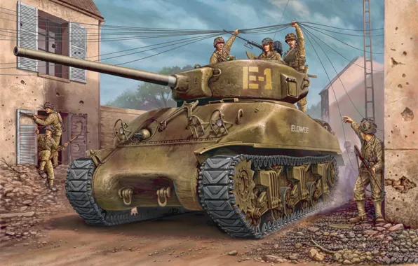 Картинка war, art, painting, tank, ww2, m4a1 Sherman