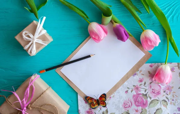 Картинка цветы, подарок, бабочка, тюльпаны, розовые, wood, pink, flowers