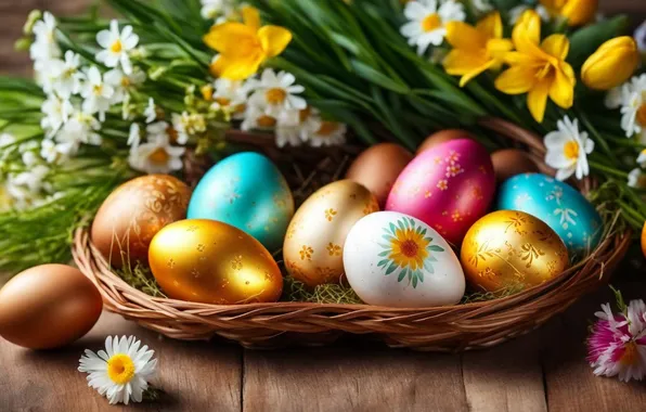 Картинка цветы, яйца, весна, colorful, Пасха, happy, flowers, spring