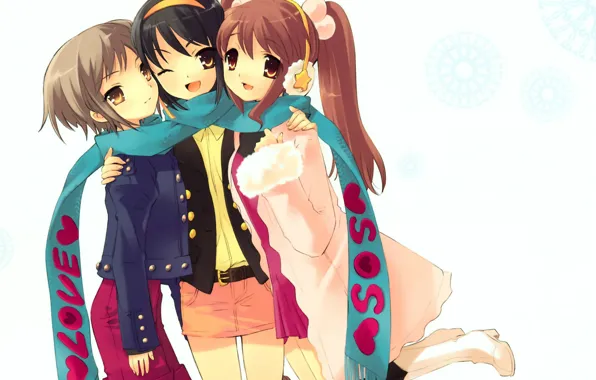 Шарф, трое, nagato yuki, art, подруги, мини-юбка, mikuru asahina, haruhi suzumiya