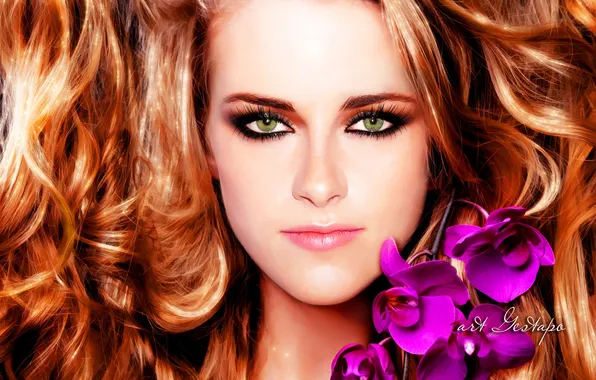 Глаза, взгляд, девушка, лицо, макияж, зеленые, Kristen Stewart, кудри