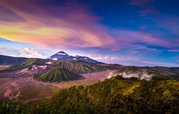Пейзаж, природа, Индонезия, панорама, Ява, Tengger, вулканический комплекс-кальдеры Тенгер, вулкан Бромо