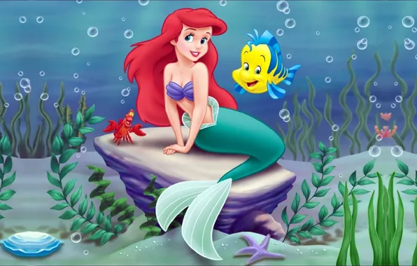 Картинка море, водоросли, мультфильм, краб, русалка, Disney, Ariel, Ариэль