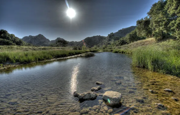 Лучи, природа, река, камни, США, California, Malibu, света