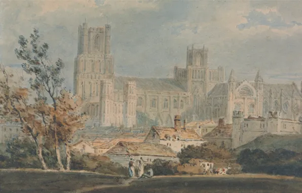 Пейзаж, картина, акварель, Уильям Тёрнер, View of Ely Cathedral
