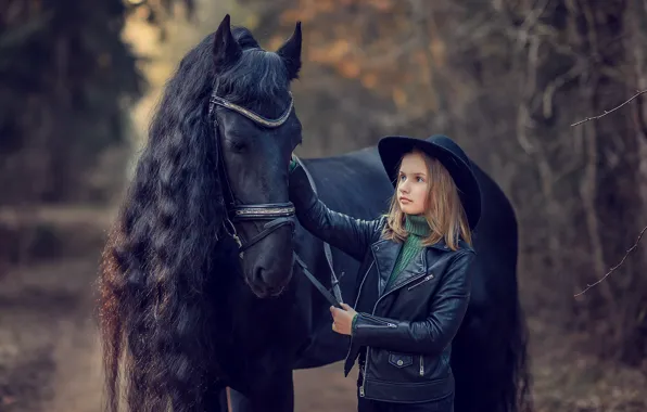 Картинка природа, животное, конь, лошадь, шляпа, куртка, девочка, ребёнок