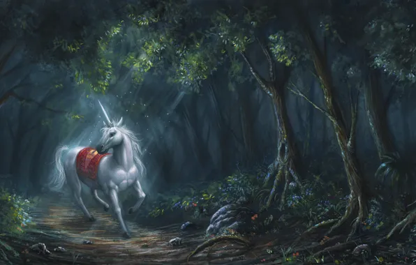 Картинка лес, белый, конь, фэнтези, арт, единорог, рог