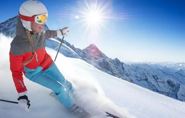 Картинка девушка, солнце, снег, радость, лыжи