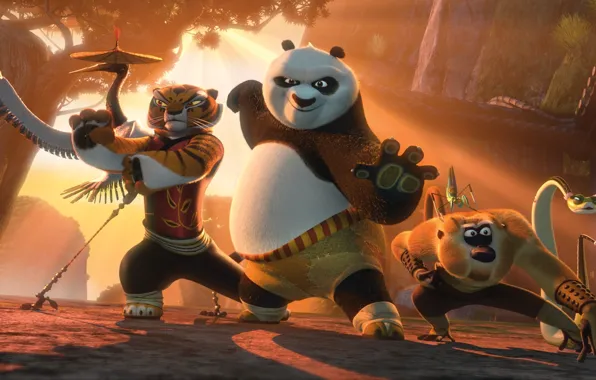 Картинка закат, змея, богомол, обезьяна, тигрица, журавль, Кунг-фу Панда 2, Kung Fu Panda 2