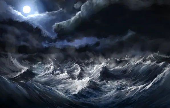 Картинка море, волны, шторм, луна, alexlinde (devart)