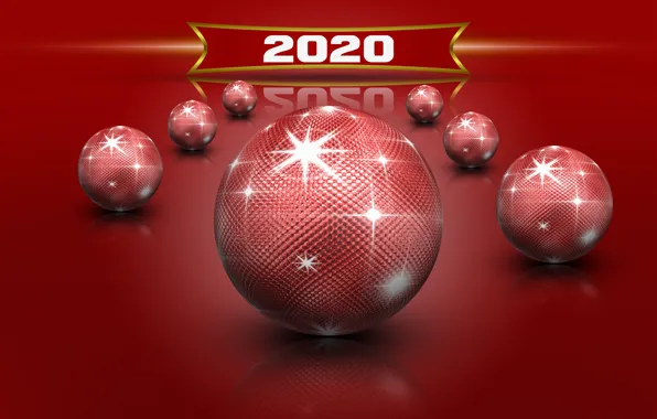 Картинка звезды, красное, шары, блеск, New Year, рождевство, Новый 2020 год, красные шары отражение