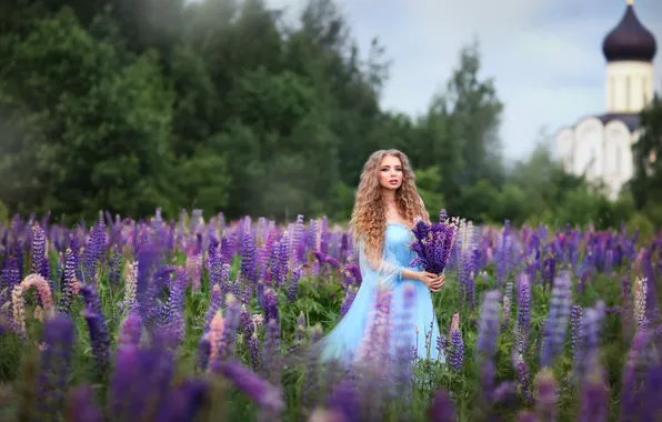 Лето, девушка, цветы, природа, букет, платье, русая, люпины