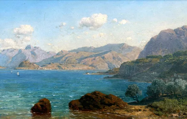 Море, Горы, Деревья, Лодки, Картина, Немецкий художник, Я смотрю, Albert August Zimmermann