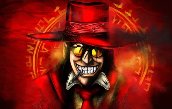 Картинка крест, шляпа, очки, клыки, оскал, вампир, hellsing, alucard