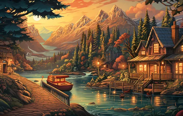 Осень, лес, горы, лодка, домики, домик, живопись, водоем