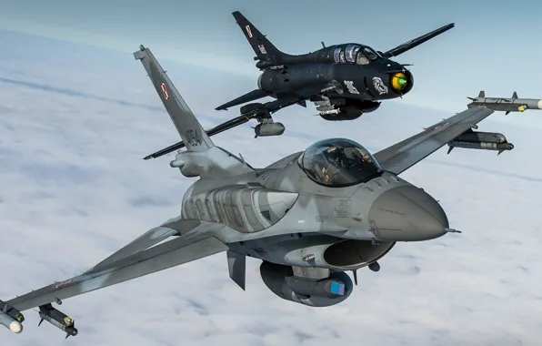 Картинка Истребитель, F-16, Истребитель-бомбардировщик, F-16 Fighting Falcon, Су-22, Sukhoi Su-22M4, ВВС Польши, Су-22М4
