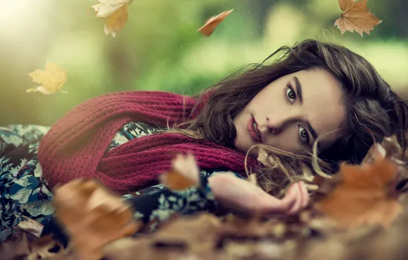 Картинка осень, глаза, лицо, волосы, шарф, листопад