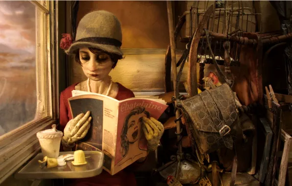 Картинка девушка, мультик, шляпа, окно, сумка, журнал, коричневый, эфект