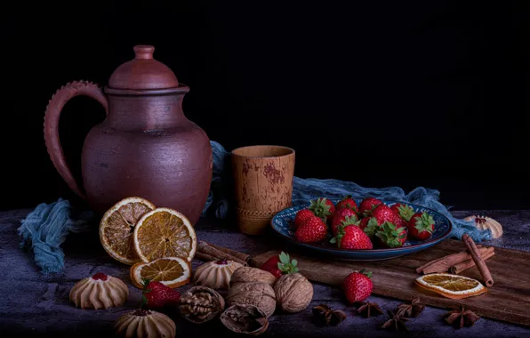 Стакан, ягоды, стол, лимон, печенье, клубника, тарелка, ткань