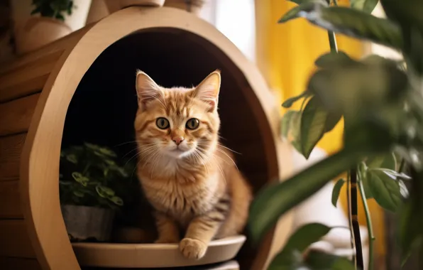 Кошка, взгляд, поза, котенок, растения, рыжий, домик, бочка