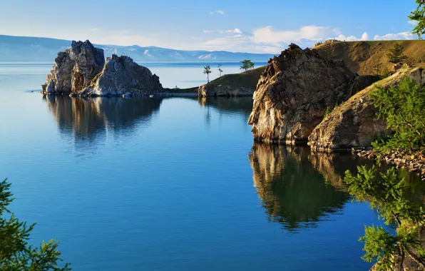 Картинка озеро, камни, скалы, берег, вид, Байкал, Россия, Baikal