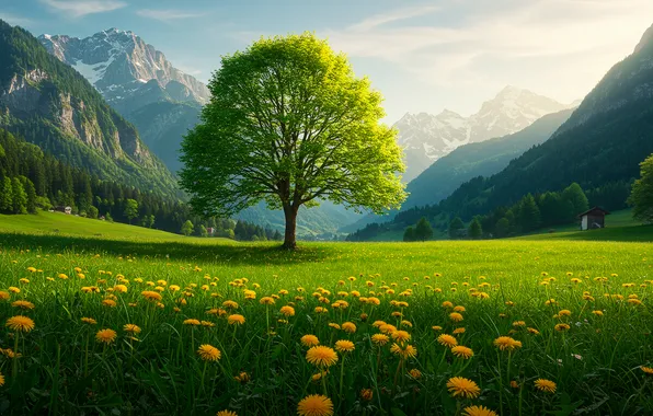 Небо, трава, облака, горы, дерево, весна, долина, grass