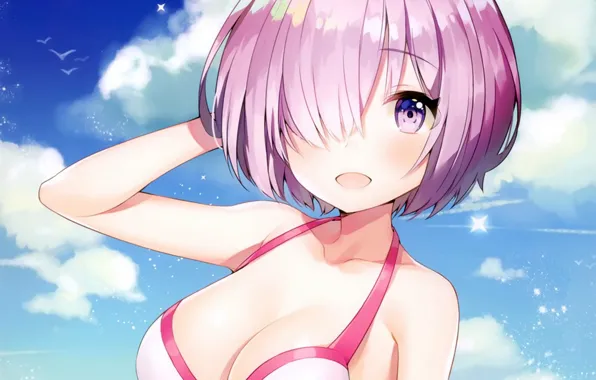 Girl, sexy, cleavage, blouse, pink hair, boobs, anime, beautiful