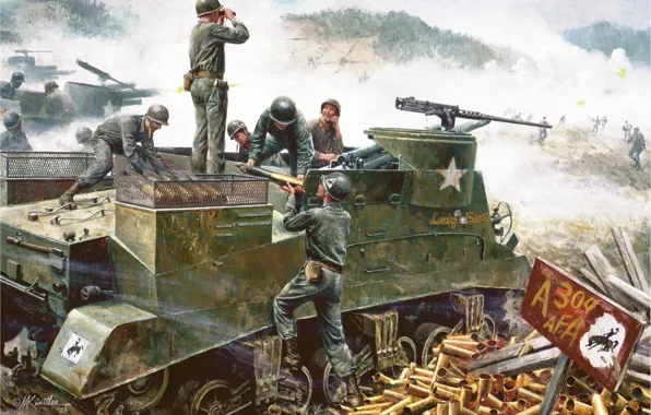Картинка рисунок, арт, американская, Южная Корея, M.Kunstler., огневая позиция, Hongchon, 18 мая 1951 года