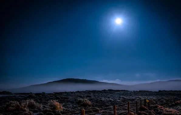 Картинка пейзаж, ночь, туман, луна, яркая