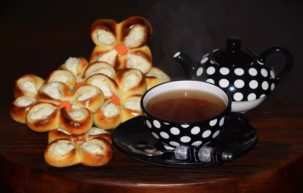 Чай, чашки, выпечка, творог, ватрушка
