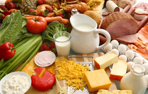 Яйца, рыба, сыр, молоко, клубника, перец, фрукты, овощи
