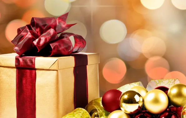 Картинка шарики, коробка, подарок, игрушки, Новый Год, Рождество, лента, бант