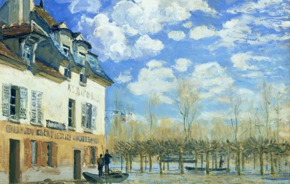 Картинка пейзаж, дом, картина, весна, Альфред Сислей, Наводнение в Порт-Марли, разлив реки