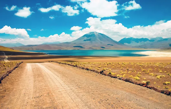 Road, desert, cloud, mountain, lake, chile, atacama