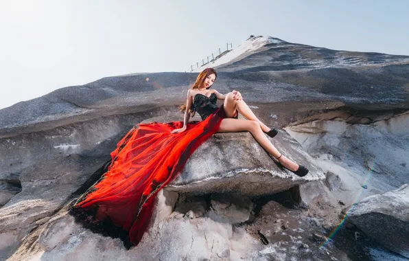 Картинка горы, фон, платье, азиатка