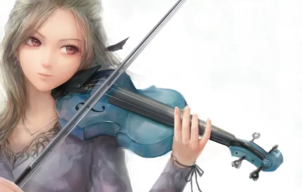 Картинка девушка, скрипка, арт, белый фон, смычок, музыкальный инструмент