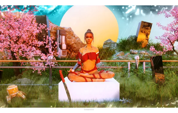Девушка, солнце, деревья, фантастика, меч, сад, медитация