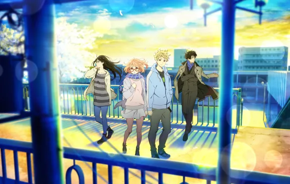 Аниме, друзья, школьники, kyoukai no kanata