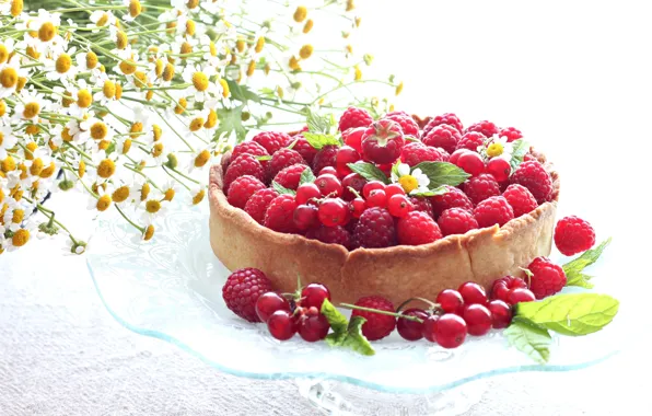Картинка лето, цветы, ягоды, малина, ромашки, пирог, смородина, ежевика