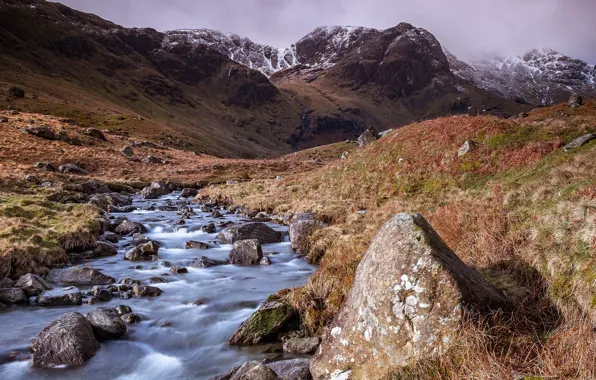 Горы, камни, поток, речка, Lake District