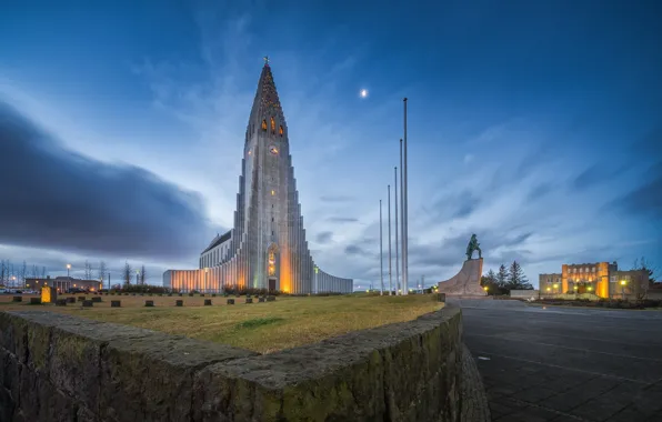 Небо, облака, вечер, памятник, церковь, Исландия, Reykjavik, Рейкьявик