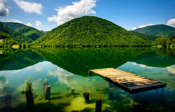 Картинка зелень, горы, река, дно, причал, Босния и Герцеговина