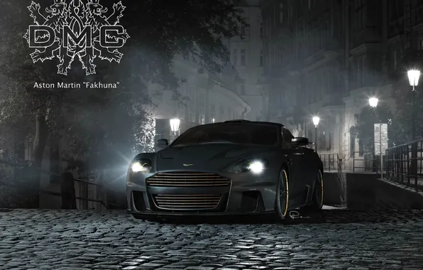 Картинка ночь, надпись, Aston Martin, улица, тюнинг, DBS, брусчатка, фонарь