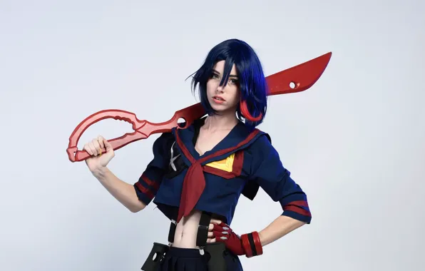 Girl, sword, ken, blade, cosplay, scissors, uniform, seifuku