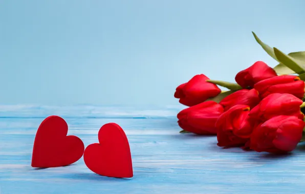 Любовь, цветы, букет, сердечки, тюльпаны, красные, red, love