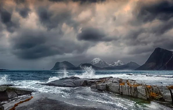 Картинка море, облака, горы, побережье, Норвегия, Norway, Лофотенские острова, Норвежское море