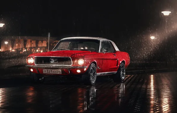 Картинка белый, красный, дождь, Mustang, Ford, парковка, 1967, фонарные столбы